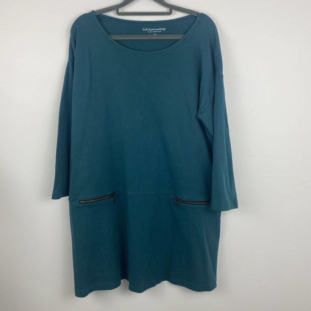Soft Surroundings Dress Size L Color Green 3/4 Sleeves 2 zipper Pocket